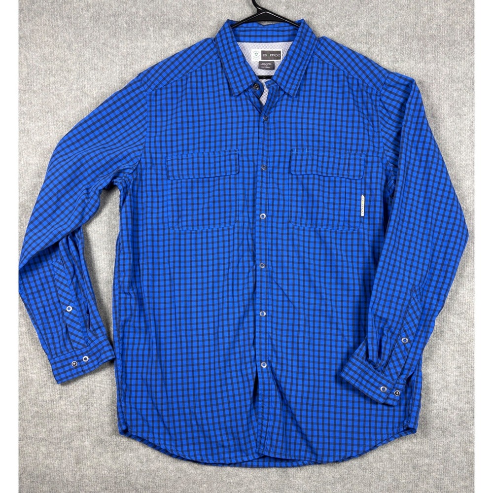 ExOfficio Insect Shield Gingham Button Down Outdoor Shirt Large Blue Black